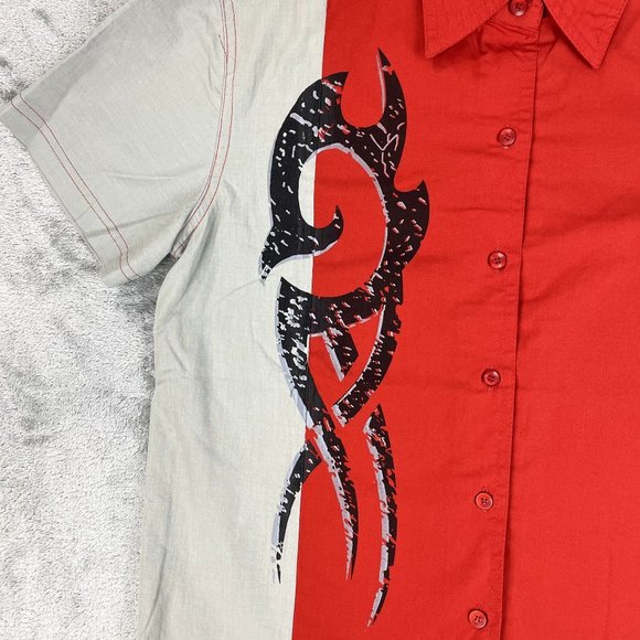 Hard Rock Park Crew Colorblock Red Grey Button Up Short Sleeve Shirt Medium - Picture 6 of 8
